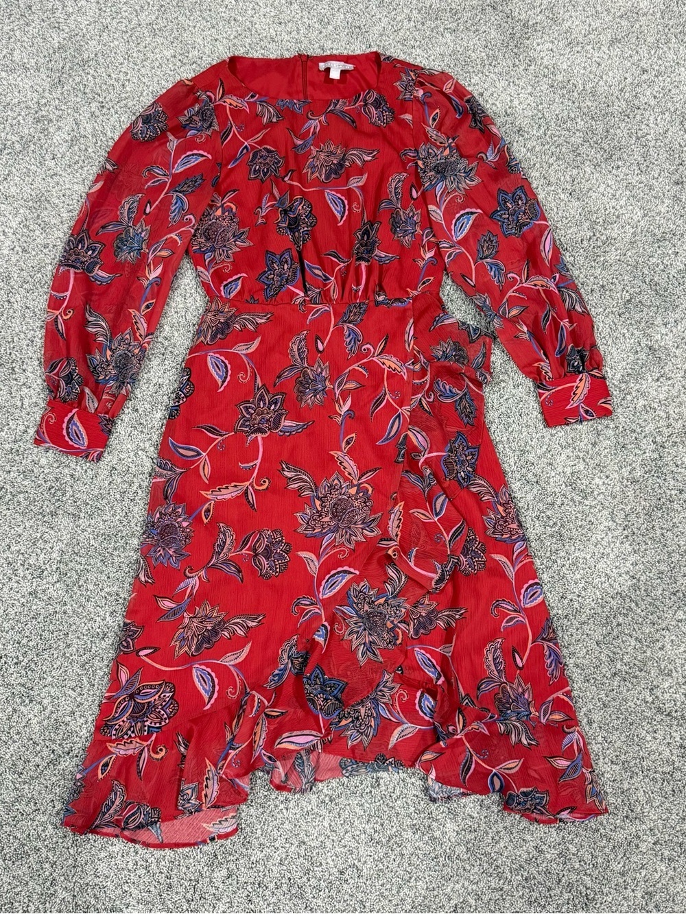 Chelsea28 Red Paisley Print Faux Wrap Midi Dress Garden Full Sleeve Women’s S - Picture 2 of 13
